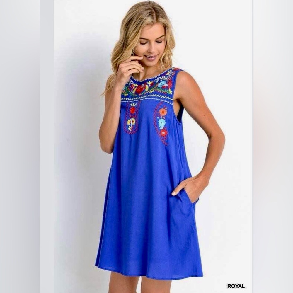 Sz S JODIFL Royal Mexican Embroidered Floral Sleeveless Dress